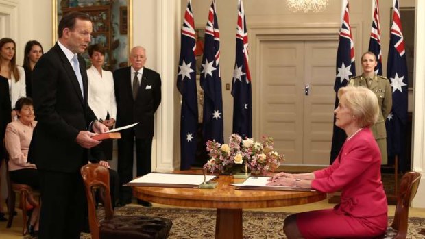 Tony Abbott is sworn in as Australia's 28th Prime Minister by Governor-General Quentin Bryce at Government House.