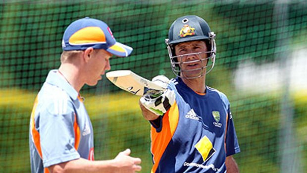 Xavier Doherty works out with Australian Test skipper Ricky Ponting in Brisbane.