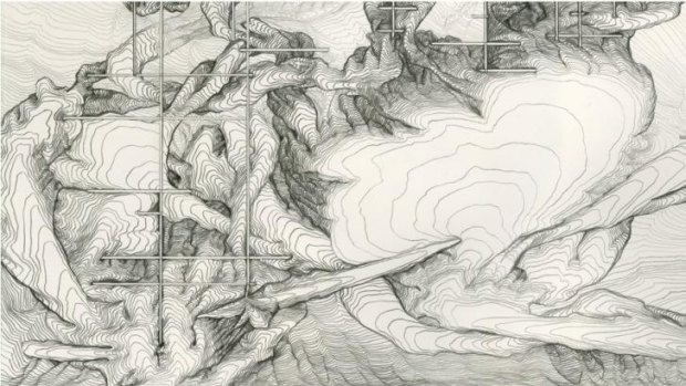 A section of <i>Drawing Water Table</i> wall mural by James Geurts.