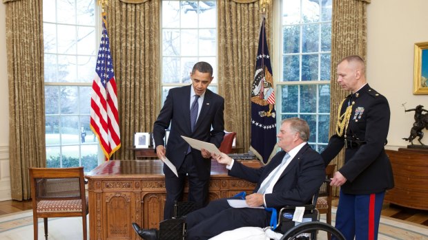 Kim Beazley with Barack Obama after his 2010 tumble. 