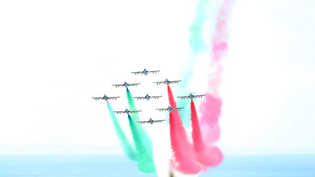 An aerobatic team put on a display for G7 leaders in Taormina, Italy. 