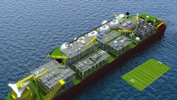 Too big for most ports ... a computer-generated image shows the floating LNG vessel beside a football field.