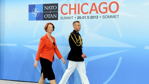 Julia Gillard arrives for a meeting on Afghanistan during the NATO Summit.