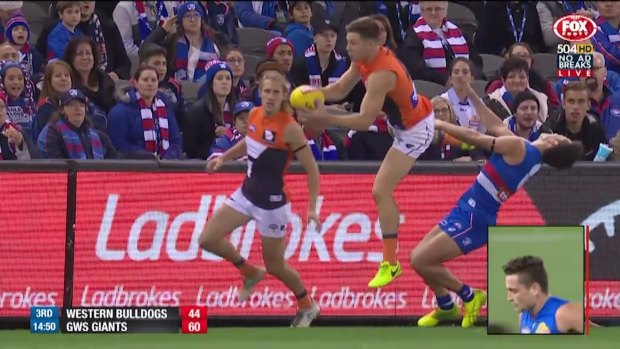 Escaped ban: Toby Greene's boot to the head of Luke Dahlhaus earned him a fine.