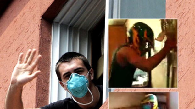 An Australian lacrosse player waves from quarantine in South Korea and, inset, stills from their video.