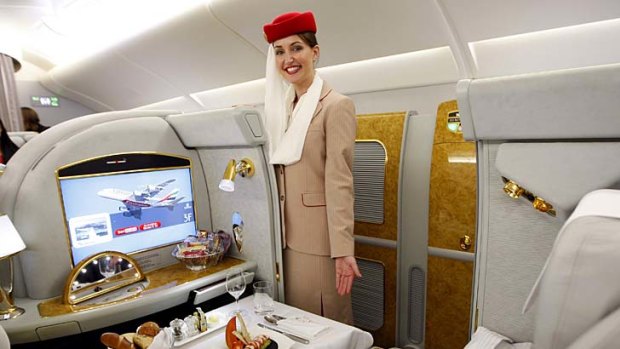 First class on an Emirates A380. The airline operates 70 flights a week to Australia and wants to boost this number to 100.