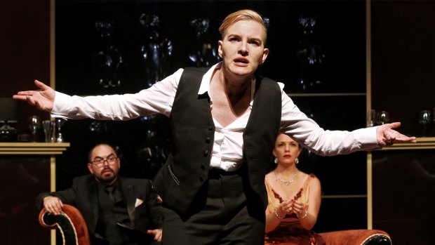 Richard (Kate Mulvany) claims he is the victim of witchcraft to catch out the credulous Lord Hastings (Ivan Donato) in Richard 3.