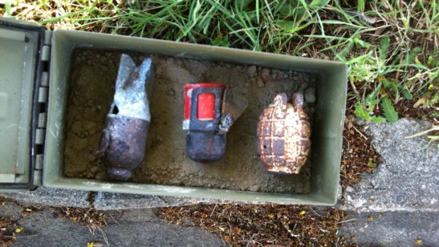 Three World War II grenades found at an Upper Mount Gravatt home. Photo: Supplied.