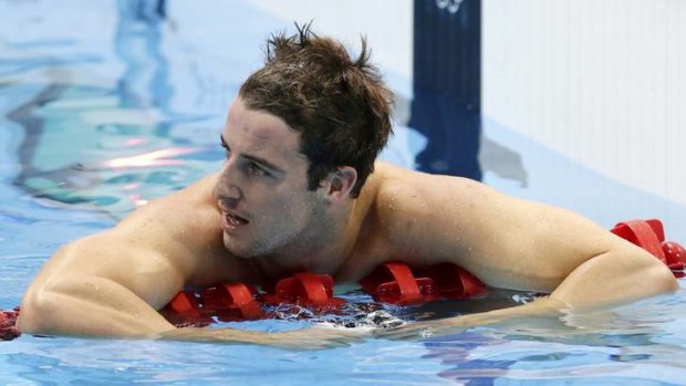 Australia's James Magnussen reacts after he placed second in the men's 100m freestyle.