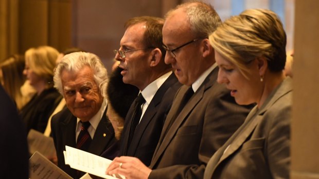 (L-R) Former prime minister Bob Hawke, his wife Blanche (obscured), former prime minister Tony Abbott, NSW Labor Opposition leader Luke Foley and Federal Deputy Opposition Leader Tanya Plibersek attend the funeral for Labor figure John Richard Johnson at St Mary's Cathedral. 