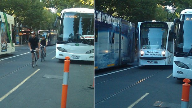 Tight squeeze ... A tourist bus parked illegally on Swanston Street, now Melbourne's busiest bike route.