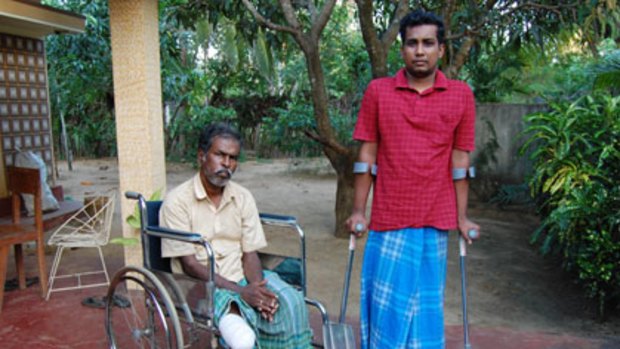 Pain recalled ... Anthony Pillai and his son, Jayadevan, who each lost a leg within minutes of each other as they fled heavy fighting.