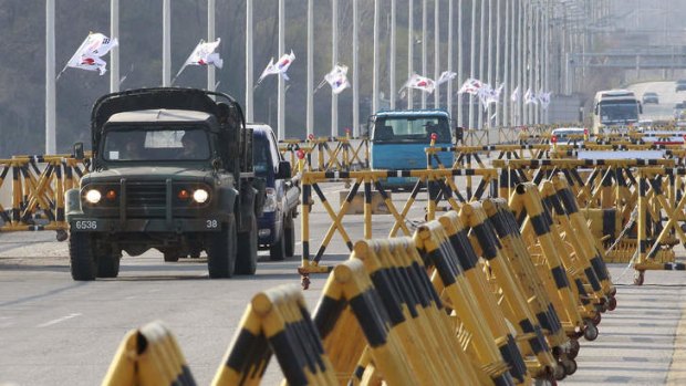 A South Korean military vehicle crosses Unification Bridge, which leads to the demilitarised zone separating North Korea from South Korea. Tensions have been escalating between the two countries after the UN imposed new sanctions following a nuclear test by North Korea.