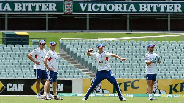 England captain Alastair Cook, Graeme Swann, Joe Root and Matt Prior take part in a slip-catching drill  at Adelaide Oval.