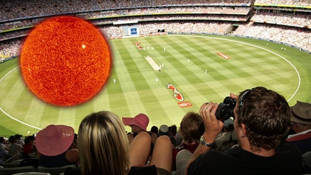The sun's surface temperature is more than 5000 degrees, so you would want to sit out in the stands to avoid getting sunburnt.