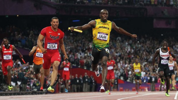 Final rally: Usain Bolt powers to gold at the 4 x 100m relay final at the London Olympics in 2012.