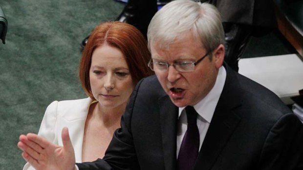 Past and present ... Prime Minister Julia Gillard and former leader Kevin Rudd.