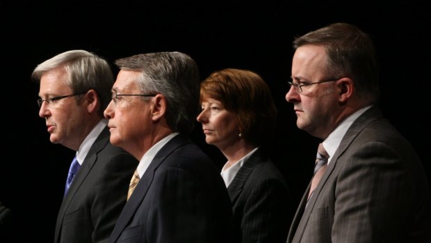 Former Prime Minister Kevin Rudd, with Labor MP Wayne Swan, former Prime Minister Julia Gillard and the Labor frontbencher Anthony Albanese in 2008.