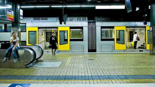 A standard double-decker train at Sydney's Town Hall Station.