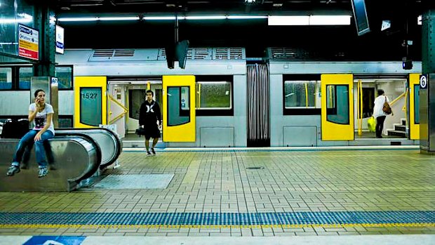 A standard double-decker train at Sydney's Town Hall Station.