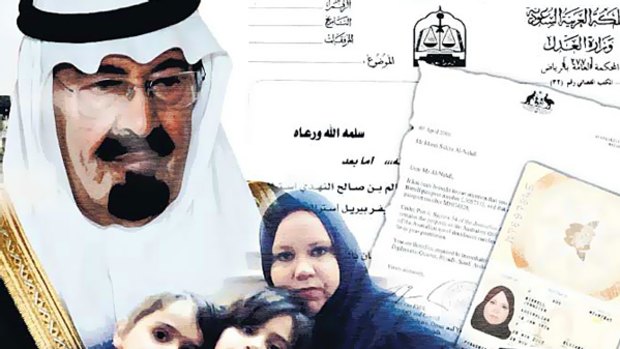 Nightmare ... Jennifer Birrell, above with three of her children, has appealed to Saudi Arabia's King Abdullah, top left, for help in getting an exit visa. Inset, her jailed husband, Mohammed Nagi.