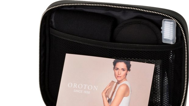 The new Oroton amenity kits will fit the airline's signature pyjamas inside.