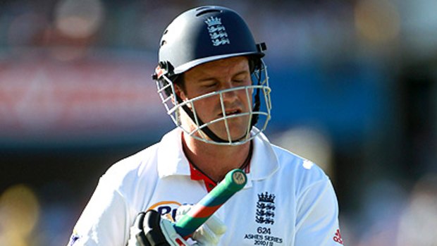 England captain Andrew Strauss trudges off after falling for 15 to Mitchell Johnson.