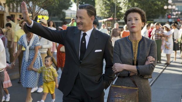 Tom Hanks as Walt Disney and Emma Thompson as P.L. Travers in <i>Saving Mr Banks</i>.