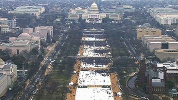 A view of the crowd on the National Mall at the inauguration of President Donald Trump, shot from the top of the Washington Monument shortly before noon on January 20, 2017.  