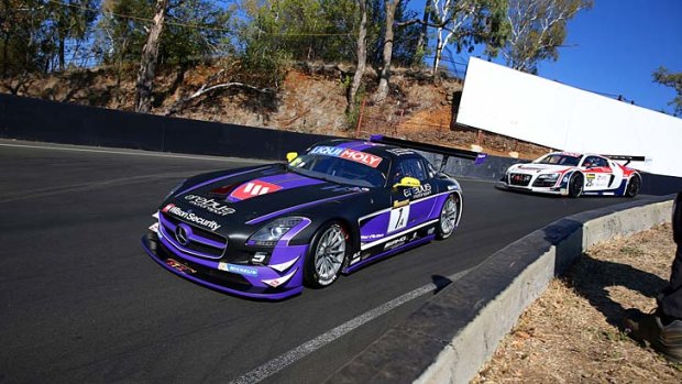 Pacesetter: Maro Engel races to pole position in a Mercedes-Benz SLS AMG in 2minutes 03.8586 seconds - the fastest lap ever at Mount Panorama.
