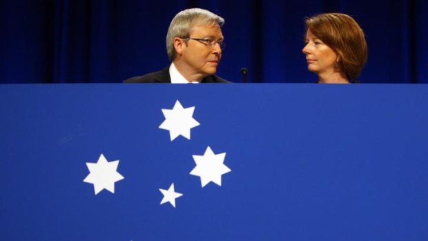 Kevin Rudd and Julia Gillard at at the Australian Labor Party National Conference in Sydney in July 2009.