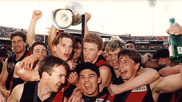 James Hird and Mark Thompson celebrate Essendon’s 1993 premiership.