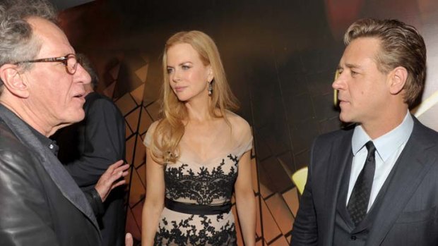 Hollywood friends ... Geoffrey Rush catches up with Nicole Kidman and Russell Crowe.
