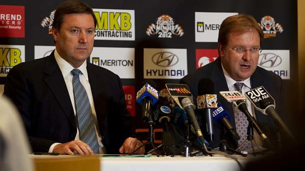 Conference call ... Tigers CEO Stephen Humphreys and chairman David Trodden at yesterday's announcement.