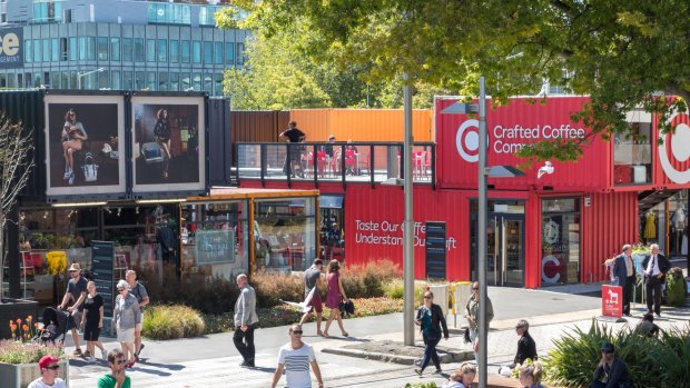 Cashel Street Mall, where shops have popped up built from shipping containers.