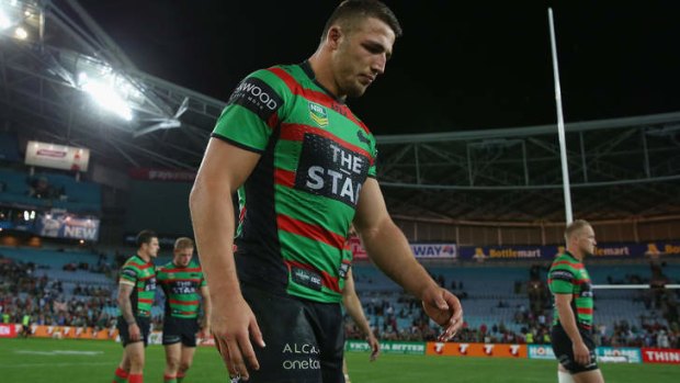Tough: A dejected Sam Burgess at ANZ Stadium during his team's loss to Manly in the preliminary final on Friday night.