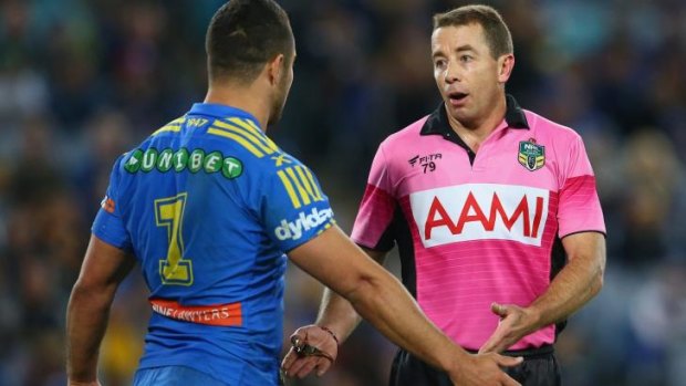 Eels star Jarryd Hayne makes his point to referee Ben Cummins during Parramatta's controversial loss to the Bulldogs.