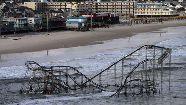 A destroyed roller coaster in Seaside Heights, New Jersey.