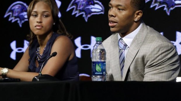 Ray Rice and his wife Janay address the media in May.
