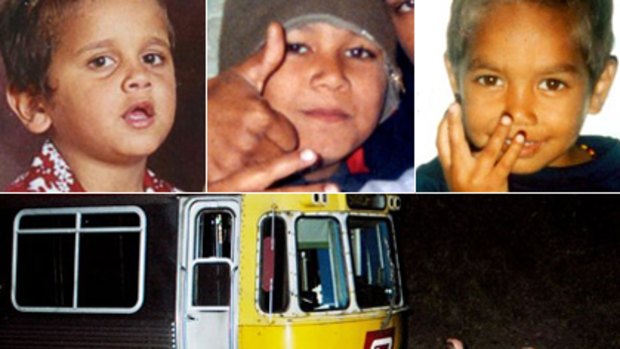 Tragic loss ... the three boys killed in the 2006 accident (from left) Reggie Fisher, Hayden Duncan, and Glen Duncan. Below rail workers at the scene.