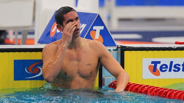 Lots of doubts . . . Eamon Sullivan appears relieved to have finished third in the 100m freestyle at the Australian championships last night.