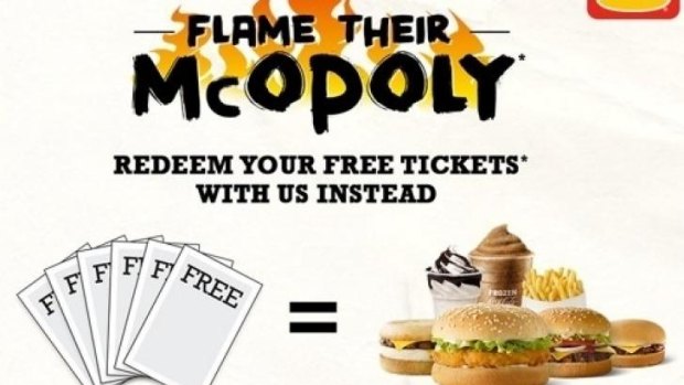 Campaign hijack: Free Hungry Jacks with McDonalds Monopoly Win tickets.