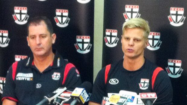 Nick Riewoldt (right), pictured with St Kilda coach Ross Lyon, addresses the media over the publication of a naked photo on Facebook.