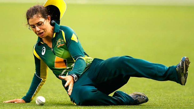 Eyeballing: Nicole Bolton slides to field a ball in the second ODI game against England.