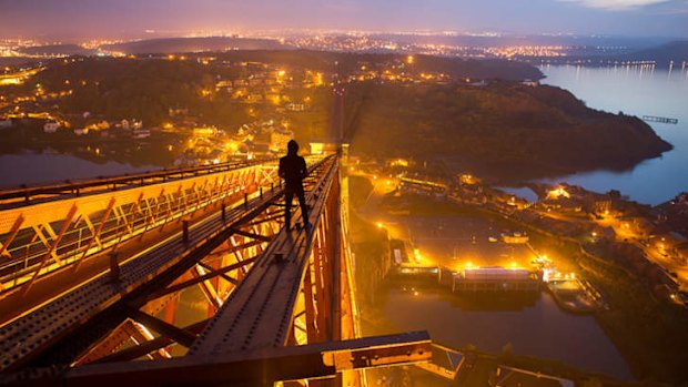 Bradley Garrett high on the Forth Rail Bridge, Edinburgh.