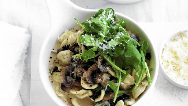 Orecchiette pasta with mushrooms, spinach and pecorino.