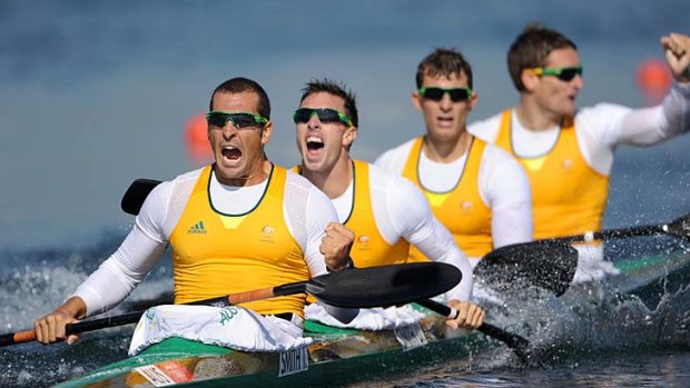 Jubilation ... Tate Smith, Dave Smith, Murray Stewart, and Jacob Clear celebrate their gold medal.