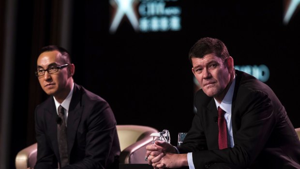 Lawrence Ho and James Packer in 2015 at the opening of Melco's Studio City casino resort in Macau.