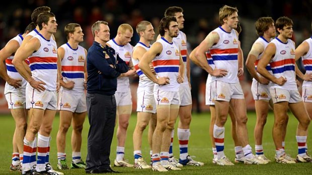 The Western Bulldogs look cold in their blank canvas away strip.
