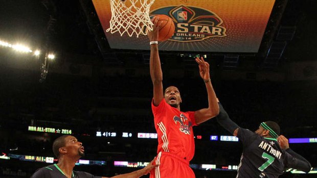Kevin Durant drives to the basket during the NBA All Star game in New Orleans.
